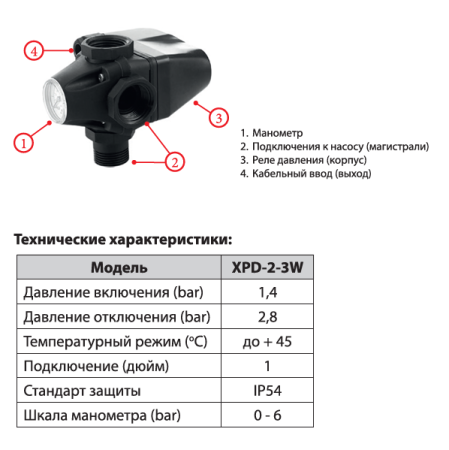 Реле давления с встроенным манометром Jemix XPD-2-3W